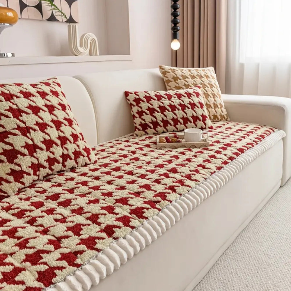 Cleeo Sofa Cover - Plush Microfiber Houndstooth with Ruffle Trim