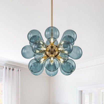 18-Light Glass Globe Ceiling Chandelier Blue Orb Sputnik Design Gold Frame Adjustable Height Hardwired for Dining Room Foyer