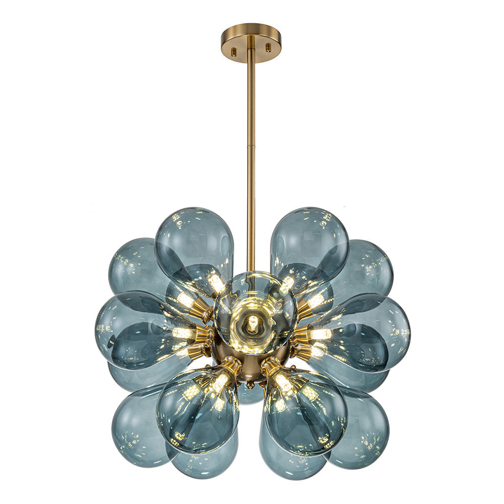18-Light Glass Globe Ceiling Chandelier Blue Orb Sputnik Design Gold Frame Adjustable Height Hardwired for Dining Room Foyer