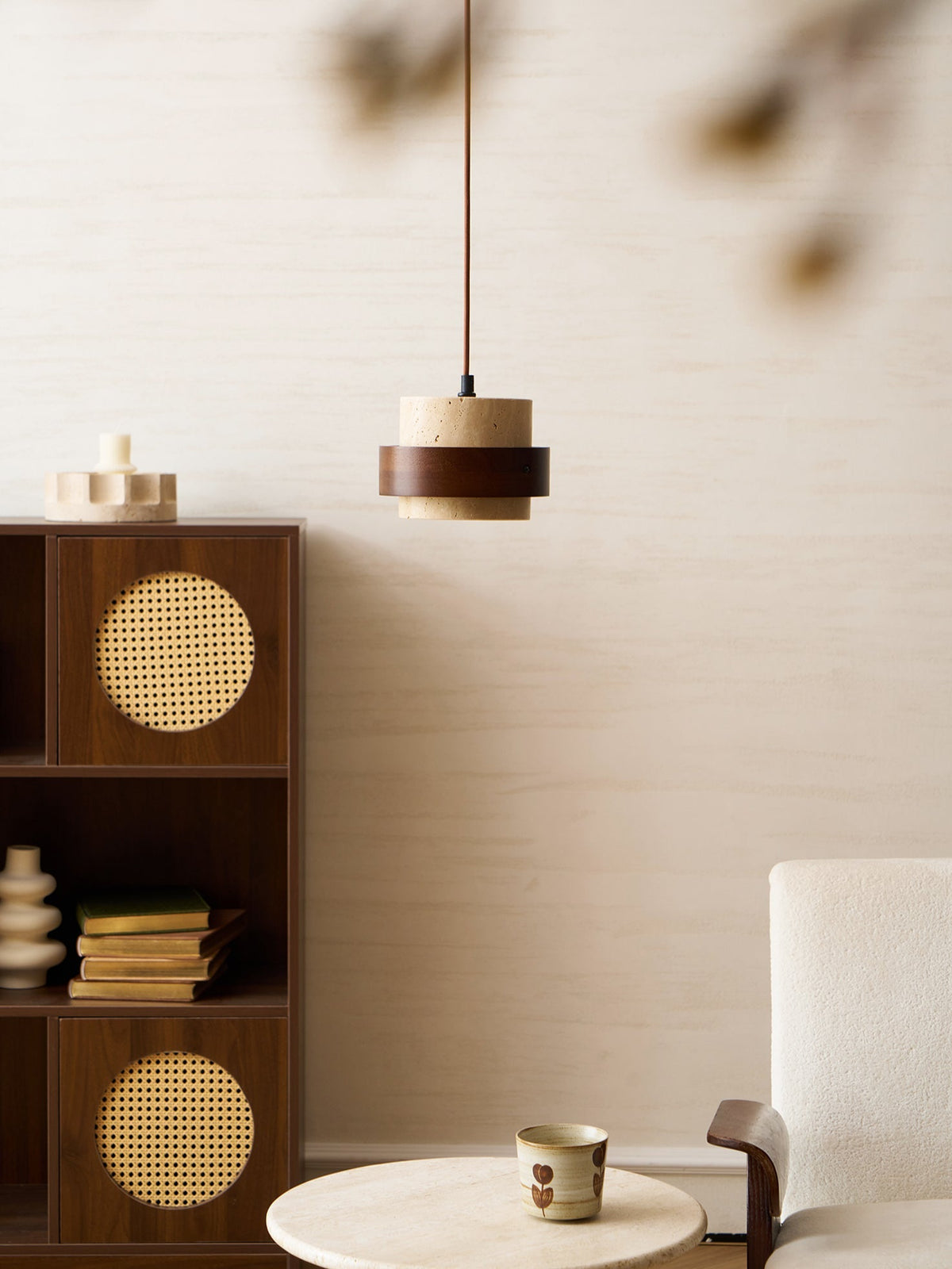 Hanging Lamp with Natural Stone Shade and Wood Trim for Dining Areas, Kitchens, and Islands – Adjustable Height Ceiling Fixture