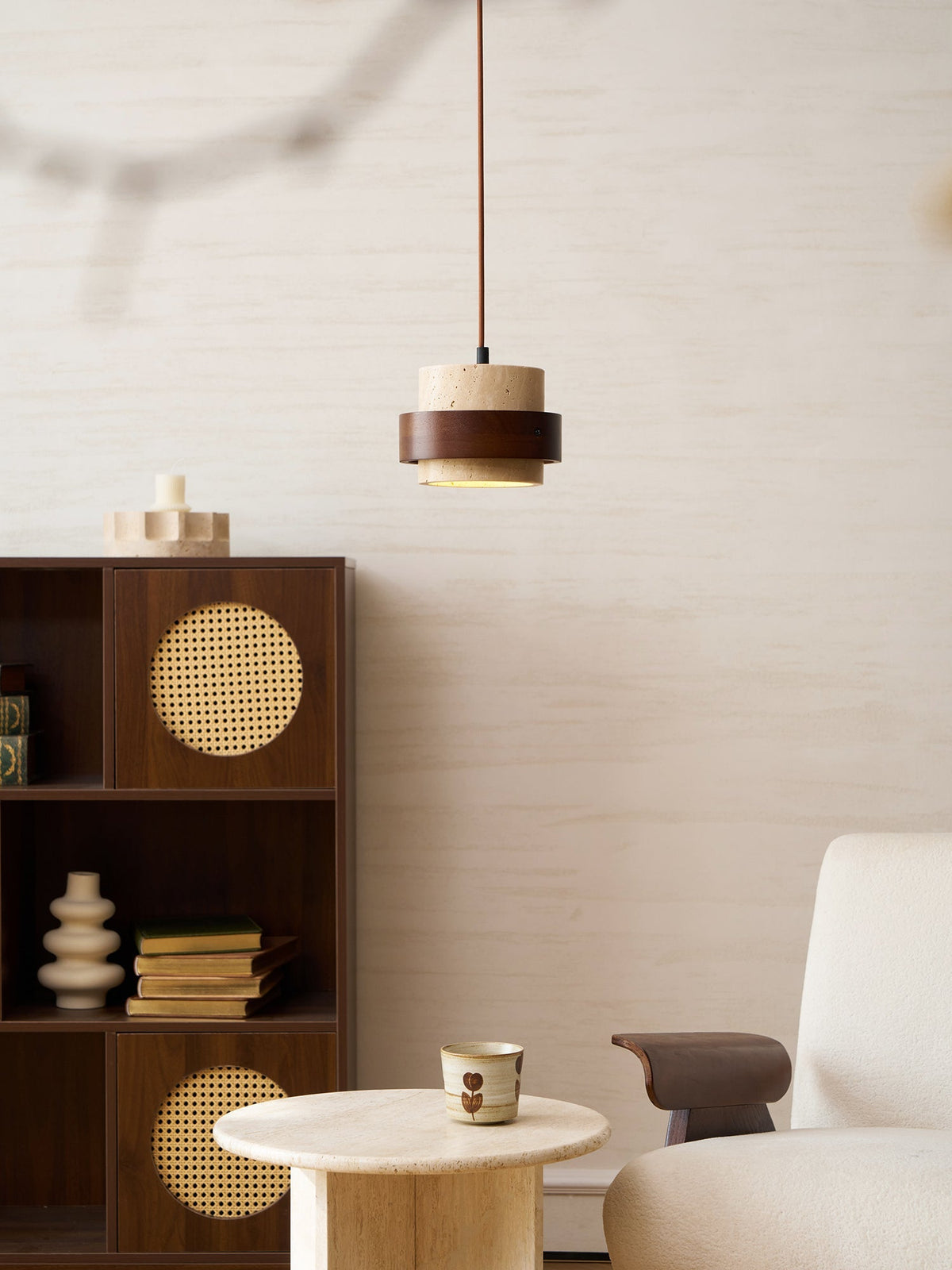 Hanging Lamp with Natural Stone Shade and Wood Trim for Dining Areas, Kitchens, and Islands – Adjustable Height Ceiling Fixture