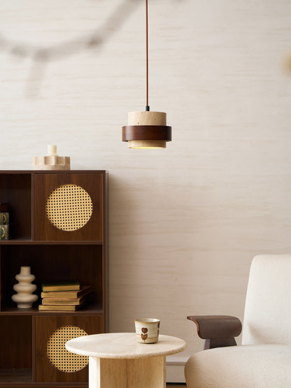 Hanging Lamp with Natural Stone Shade and Wood Trim for Dining Areas, Kitchens, and Islands – Adjustable Height Ceiling Fixture
