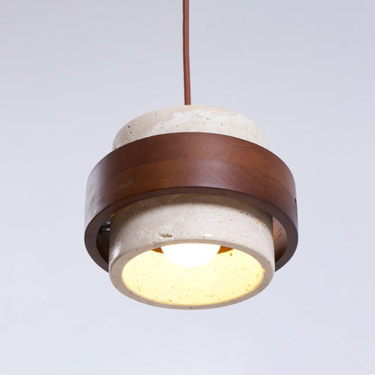 Hanging Lamp with Natural Stone Shade and Wood Trim for Dining Areas, Kitchens, and Islands – Adjustable Height Ceiling Fixture