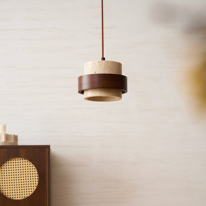 Hanging Lamp with Natural Stone Shade and Wood Trim for Dining Areas, Kitchens, and Islands – Adjustable Height Ceiling Fixture