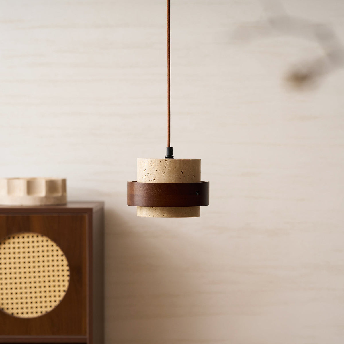 Hanging Lamp with Natural Stone Shade and Wood Trim for Dining Areas, Kitchens, and Islands – Adjustable Height Ceiling Fixture