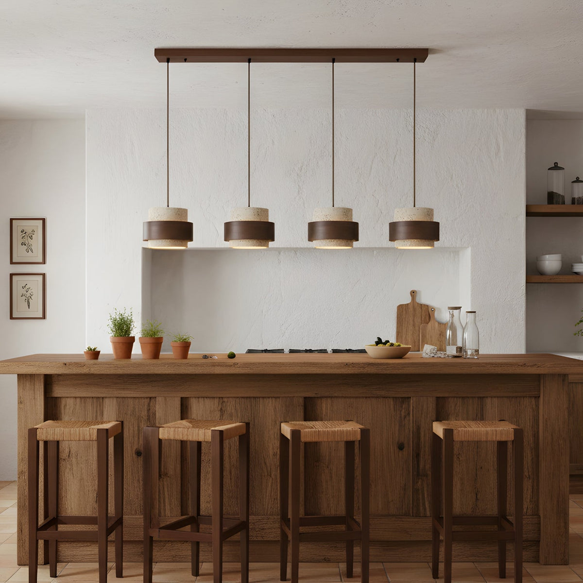 Hanging Lamp with Natural Stone Shade and Wood Trim for Dining Areas, Kitchens, and Islands – Adjustable Height Ceiling Fixture