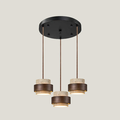 Hanging Lamp with Natural Stone Shade and Wood Trim for Dining Areas, Kitchens, and Islands – Adjustable Height Ceiling Fixture