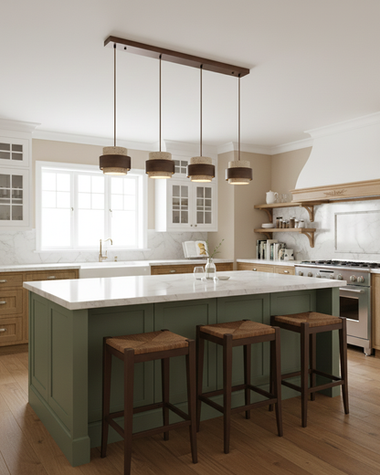 Hanging Lamp with Natural Stone Shade and Wood Trim for Dining Areas, Kitchens, and Islands – Adjustable Height Ceiling Fixture
