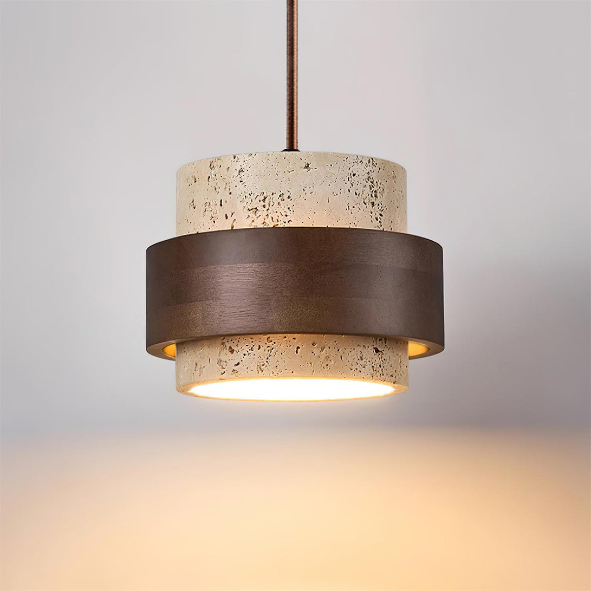 Travertine Stone Pendant Light with Walnut Wood Accent Band – Natural Cylindrical Hanging Fixture for Kitchen & Dining
