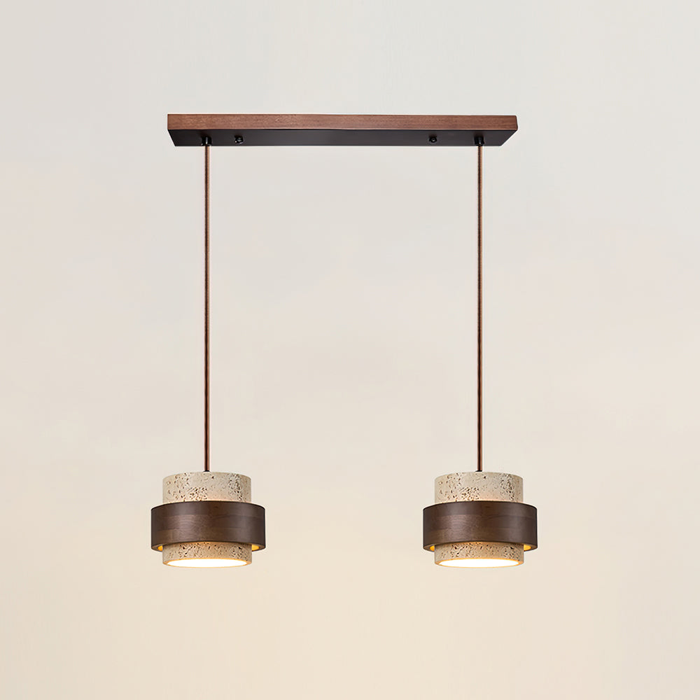 Hanging Lamp with Natural Stone Shade and Wood Trim for Dining Areas, Kitchens, and Islands – Adjustable Height Ceiling Fixture