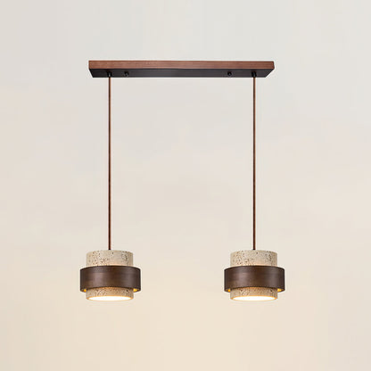 Hanging Lamp with Natural Stone Shade and Wood Trim for Dining Areas, Kitchens, and Islands – Adjustable Height Ceiling Fixture