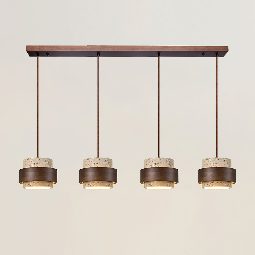 Hanging Lamp with Natural Stone Shade and Wood Trim for Dining Areas, Kitchens, and Islands – Adjustable Height Ceiling Fixture