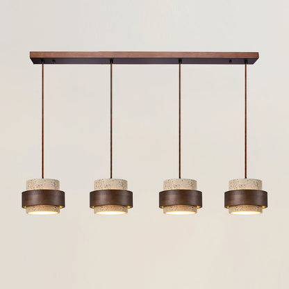 Hanging Lamp with Natural Stone Shade and Wood Trim for Dining Areas, Kitchens, and Islands – Adjustable Height Ceiling Fixture