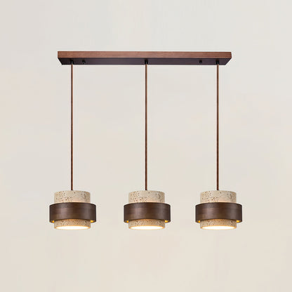 Travertine Stone Pendant Light with Walnut Wood Accent Band – Natural Cylindrical Hanging Fixture for Kitchen & Dining