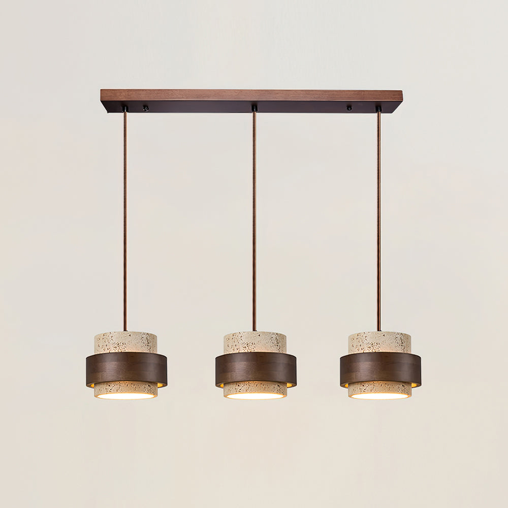 Travertine Stone Pendant Light with Walnut Wood Accent Band – Natural Cylindrical Hanging Fixture for Kitchen & Dining