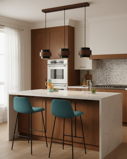 Hanging Lamp with Natural Stone Shade and Wood Trim for Dining Areas, Kitchens, and Islands – Adjustable Height Ceiling Fixture