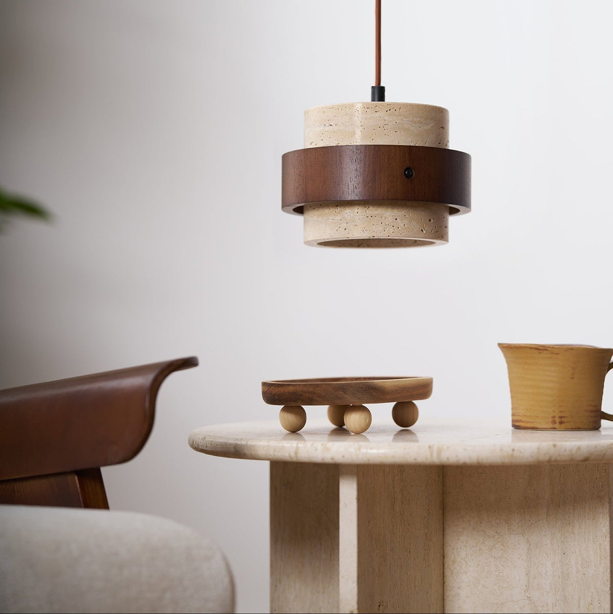 Travertine Stone Pendant Light with Walnut Wood Accent Band – Natural Cylindrical Hanging Fixture for Kitchen & Dining
