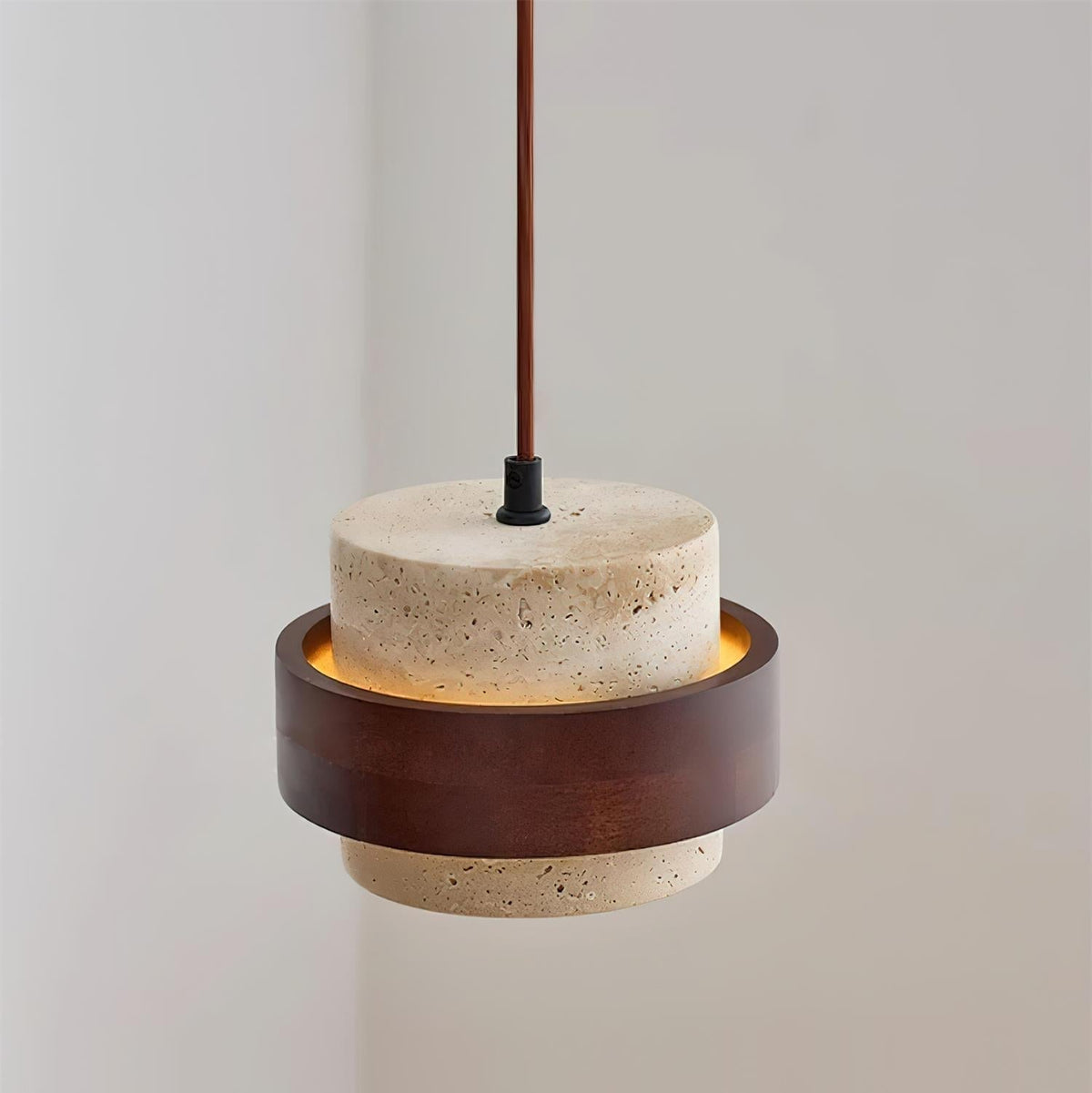 Travertine Stone Pendant Light with Walnut Wood Accent Band – Natural Cylindrical Hanging Fixture for Kitchen & Dining