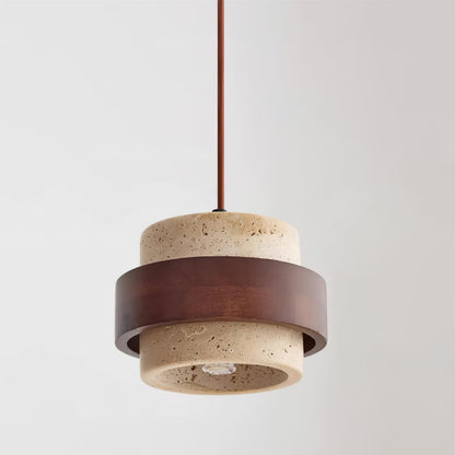 Travertine Stone Pendant Light with Walnut Wood Accent Band – Natural Cylindrical Hanging Fixture for Kitchen & Dining