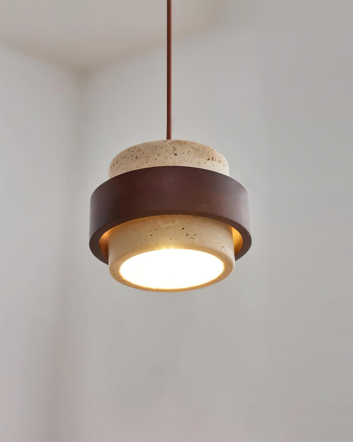 Hanging Lamp with Natural Stone Shade and Wood Trim for Dining Areas, Kitchens, and Islands – Adjustable Height Ceiling Fixture