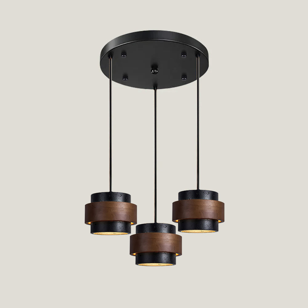 Hanging Lamp with Natural Stone Shade and Wood Trim for Dining Areas, Kitchens, and Islands – Adjustable Height Ceiling Fixture