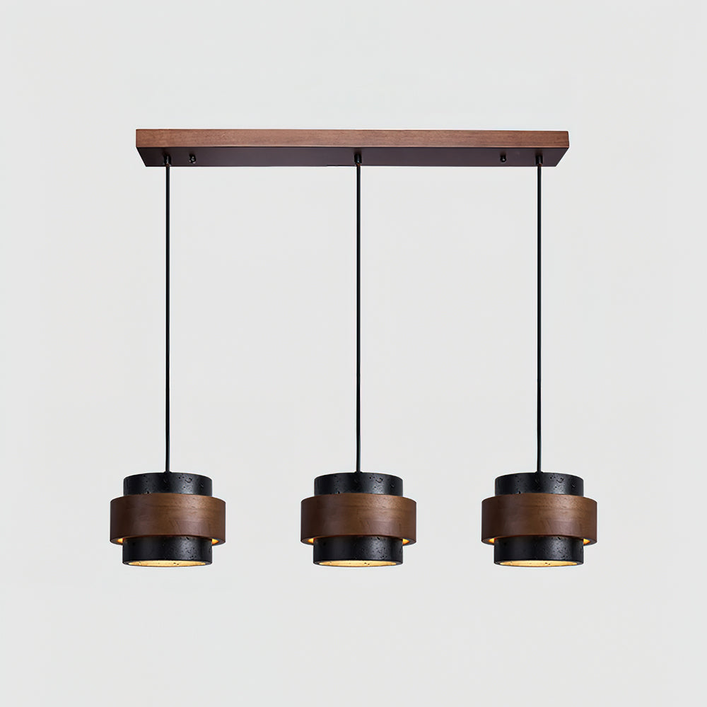 Hanging Lamp with Natural Stone Shade and Wood Trim for Dining Areas, Kitchens, and Islands – Adjustable Height Ceiling Fixture