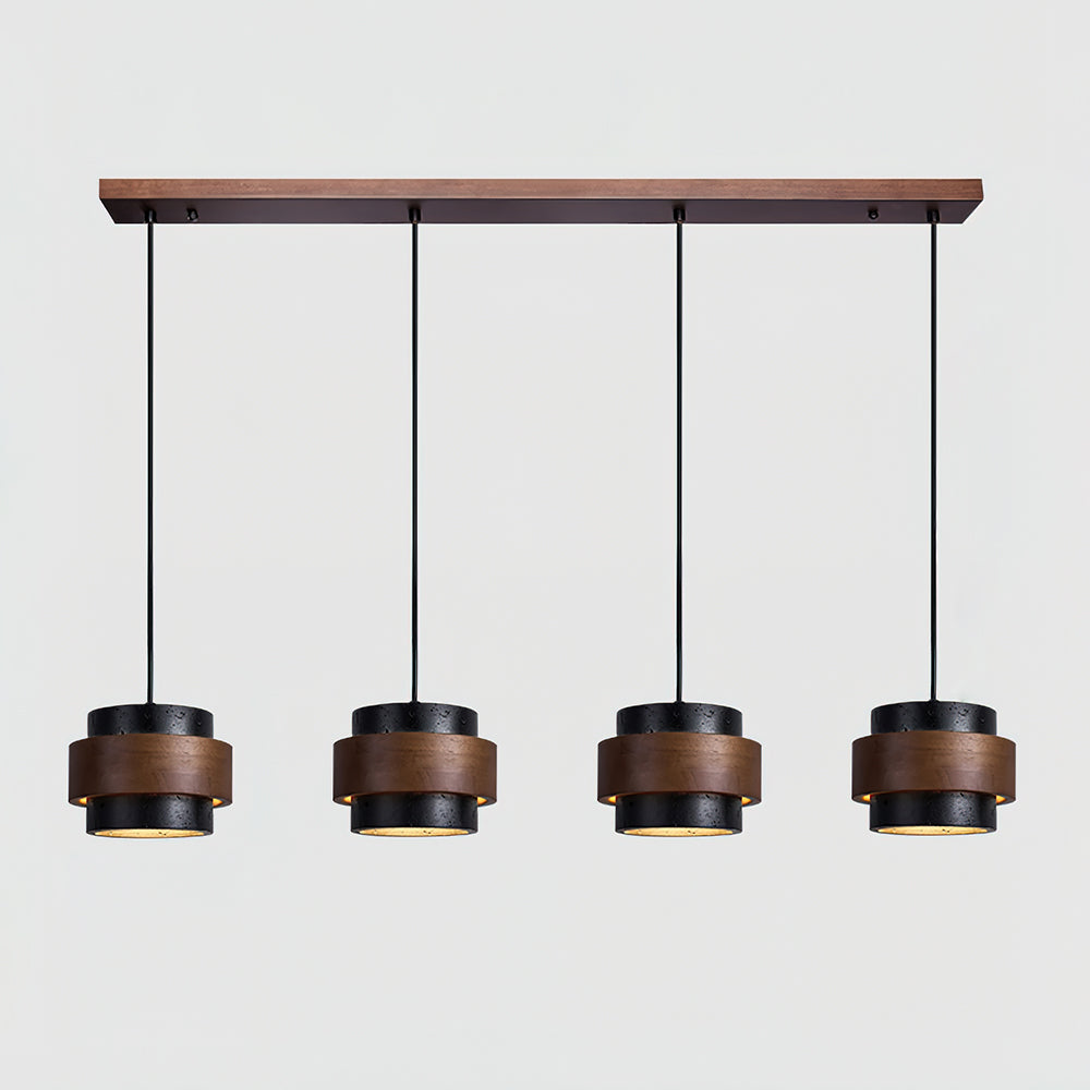 Hanging Lamp with Natural Stone Shade and Wood Trim for Dining Areas, Kitchens, and Islands – Adjustable Height Ceiling Fixture