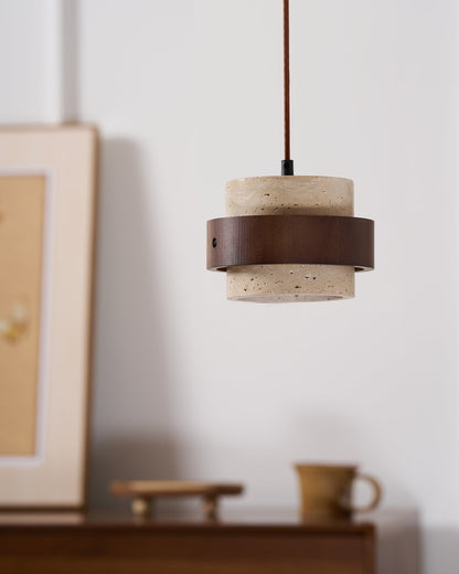 Travertine Stone Pendant Light with Walnut Wood Accent Band – Natural Cylindrical Hanging Fixture for Kitchen & Dining