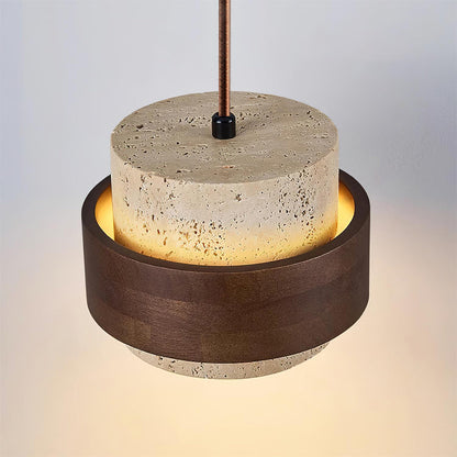 Travertine Stone Pendant Light with Walnut Wood Accent Band – Natural Cylindrical Hanging Fixture for Kitchen & Dining