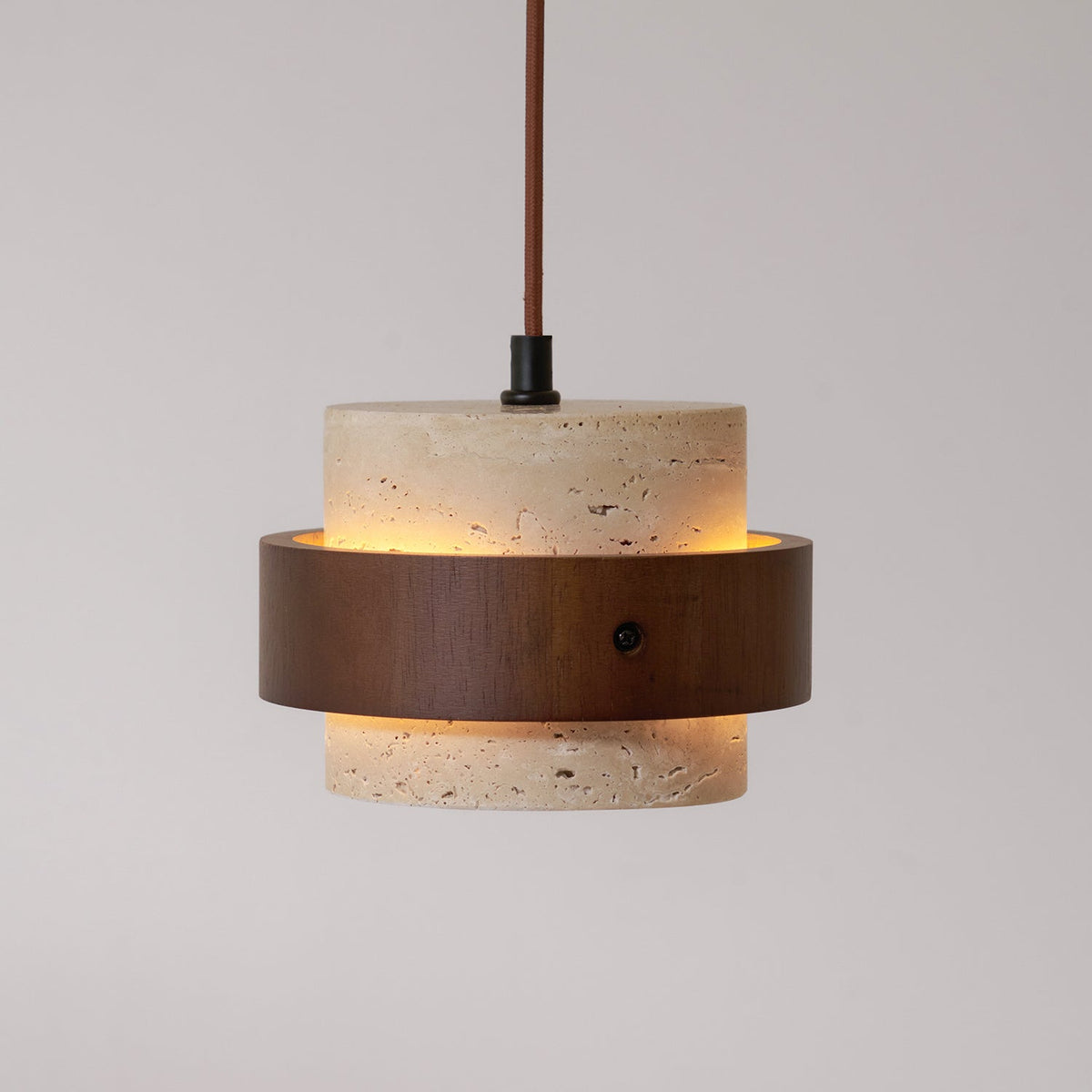 Travertine Stone Pendant Light with Walnut Wood Accent Band – Natural Cylindrical Hanging Fixture for Kitchen & Dining