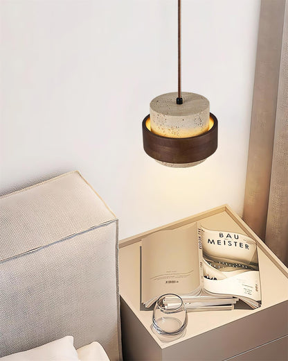 Hanging Lamp with Natural Stone Shade and Wood Trim for Dining Areas, Kitchens, and Islands – Adjustable Height Ceiling Fixture