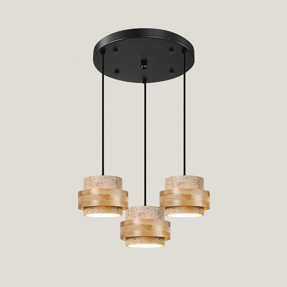Hanging Lamp with Natural Stone Shade and Wood Trim for Dining Areas, Kitchens, and Islands – Adjustable Height Ceiling Fixture