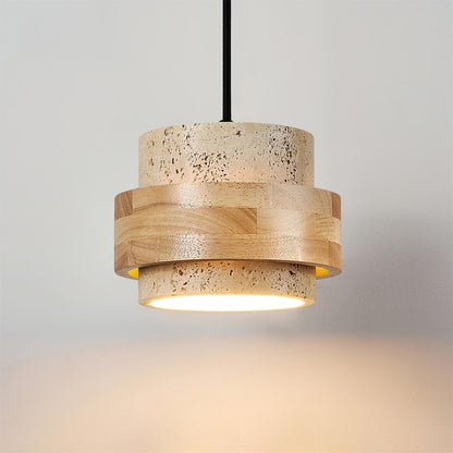 Hanging Lamp with Natural Stone Shade and Wood Trim for Dining Areas, Kitchens, and Islands – Adjustable Height Ceiling Fixture