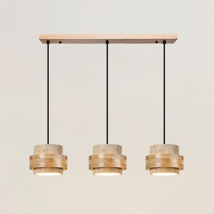 Hanging Lamp with Natural Stone Shade and Wood Trim for Dining Areas, Kitchens, and Islands – Adjustable Height Ceiling Fixture