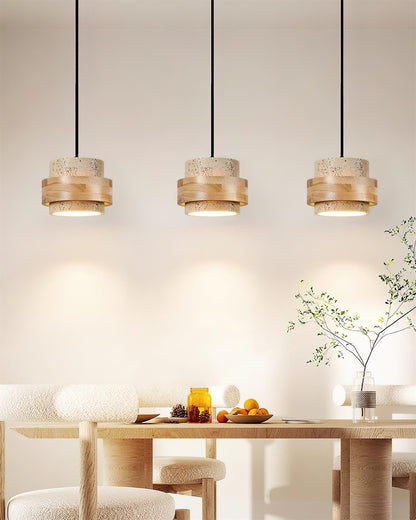 Hanging Lamp with Natural Stone Shade and Wood Trim for Dining Areas, Kitchens, and Islands – Adjustable Height Ceiling Fixture