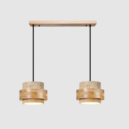 Hanging Lamp with Natural Stone Shade and Wood Trim for Dining Areas, Kitchens, and Islands – Adjustable Height Ceiling Fixture
