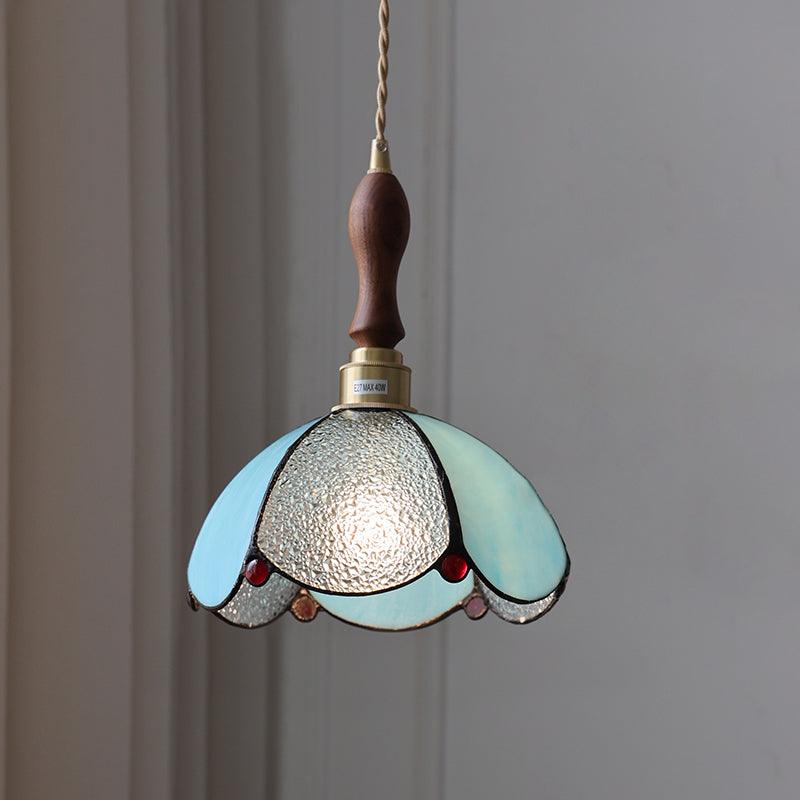 Tiffany Cone Glass Hanging Light with Adjustable Cord for Kitchen Island, Dining Table, Bedroom – Handcrafted Art Glass Ceiling Fixture in M
