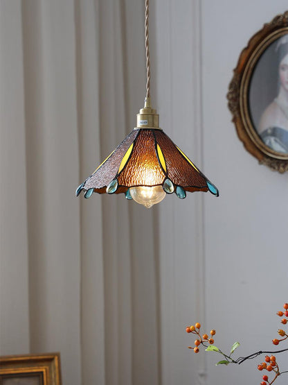 Tiffany Cone Glass Hanging Light with Adjustable Cord for Kitchen Island, Dining Table, Bedroom – Handcrafted Art Glass Ceiling Fixture in M
