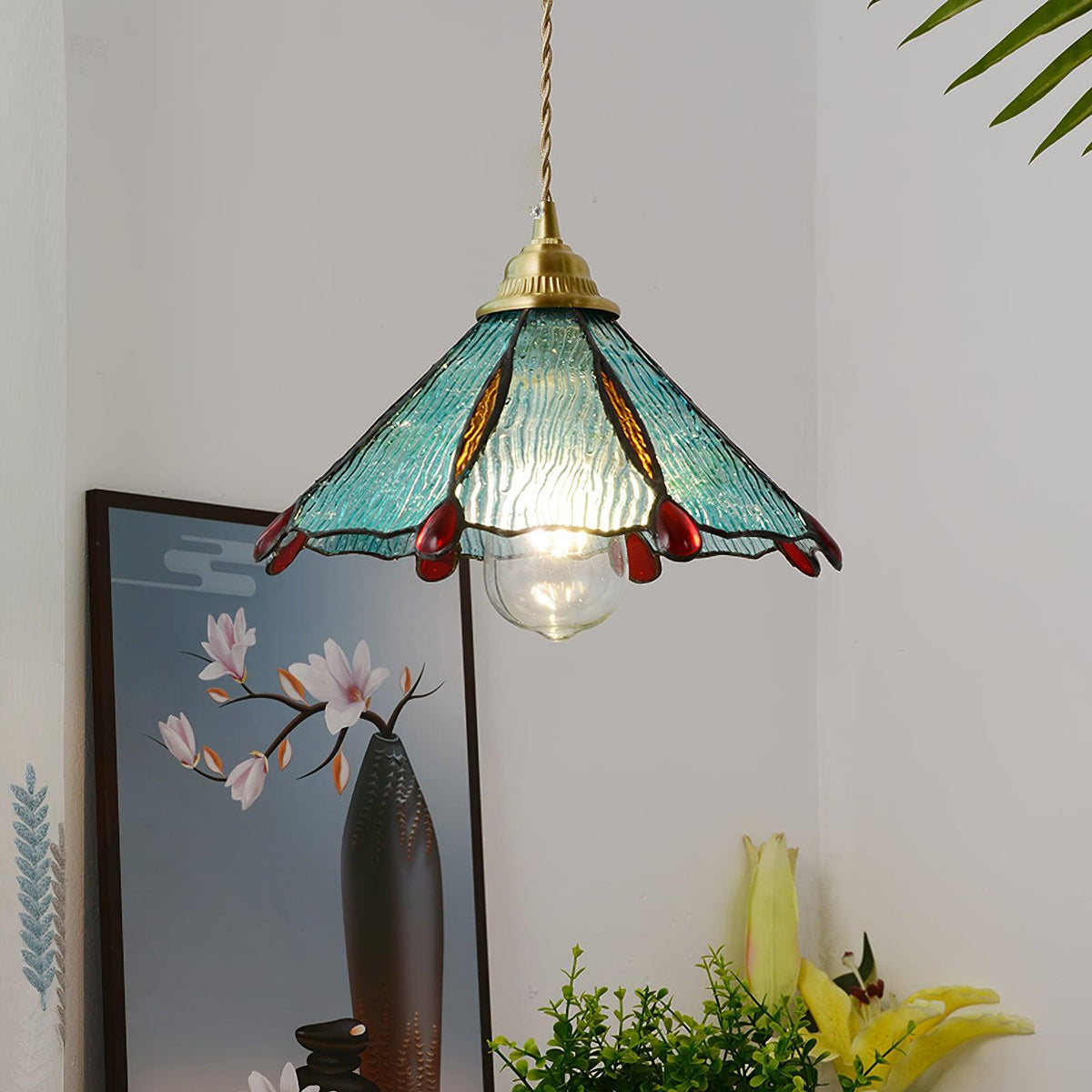 Tiffany Cone Glass Hanging Light with Adjustable Cord for Kitchen Island, Dining Table, Bedroom – Handcrafted Art Glass Ceiling Fixture in M