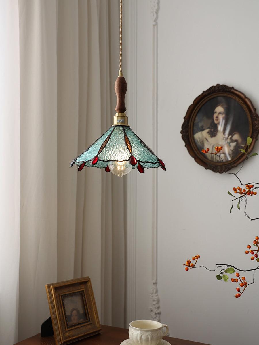 Tiffany Cone Glass Hanging Light with Adjustable Cord for Kitchen Island, Dining Table, Bedroom – Handcrafted Art Glass Ceiling Fixture in M