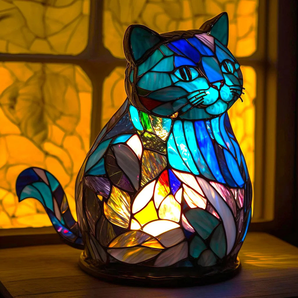 Lampe de chevet pour chambre à coucher, lampe en vitrail avec motif animalier coloré, lampe décorative en résine en forme de chat avec lueur chaleureuse