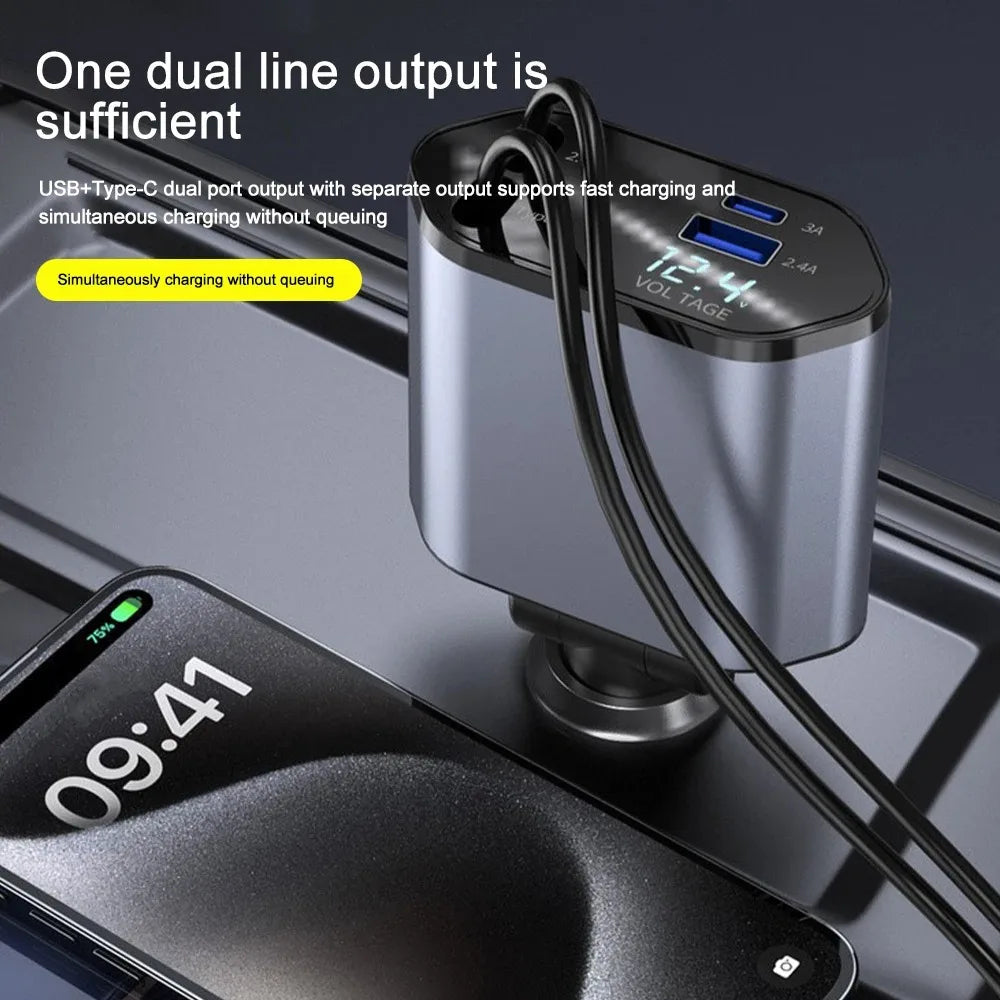 Compact Car Charger | 120W Dual USB Adapter with Retractable Cables | Fast Charging for Multiple Devices