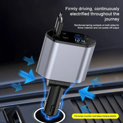 Compact Car Charger | 120W Dual USB Adapter with Retractable Cables | Fast Charging for Multiple Devices