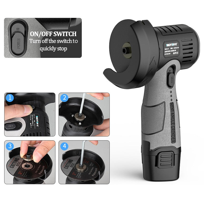 Compact Grinder | 12V Mini Angle Grinder with 400W Motor & Cutting Disc | Cordless Design for Versatile Use