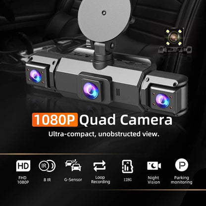 4-Camera Wireless Dash Cam System with Night Vision for Cars – Front, Rear & Side Recording – 1080p HD Video – WiFi App Control – 24/7