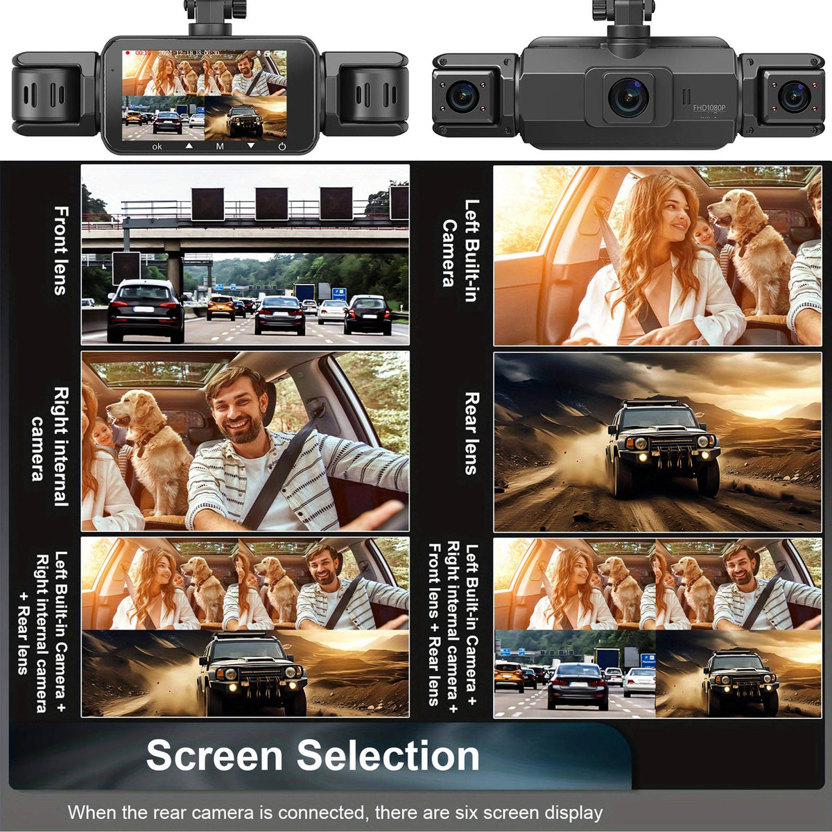 4-Camera Wireless Dash Cam System with Night Vision for Cars – Front, Rear & Side Recording – 1080p HD Video – WiFi App Control – 24/7