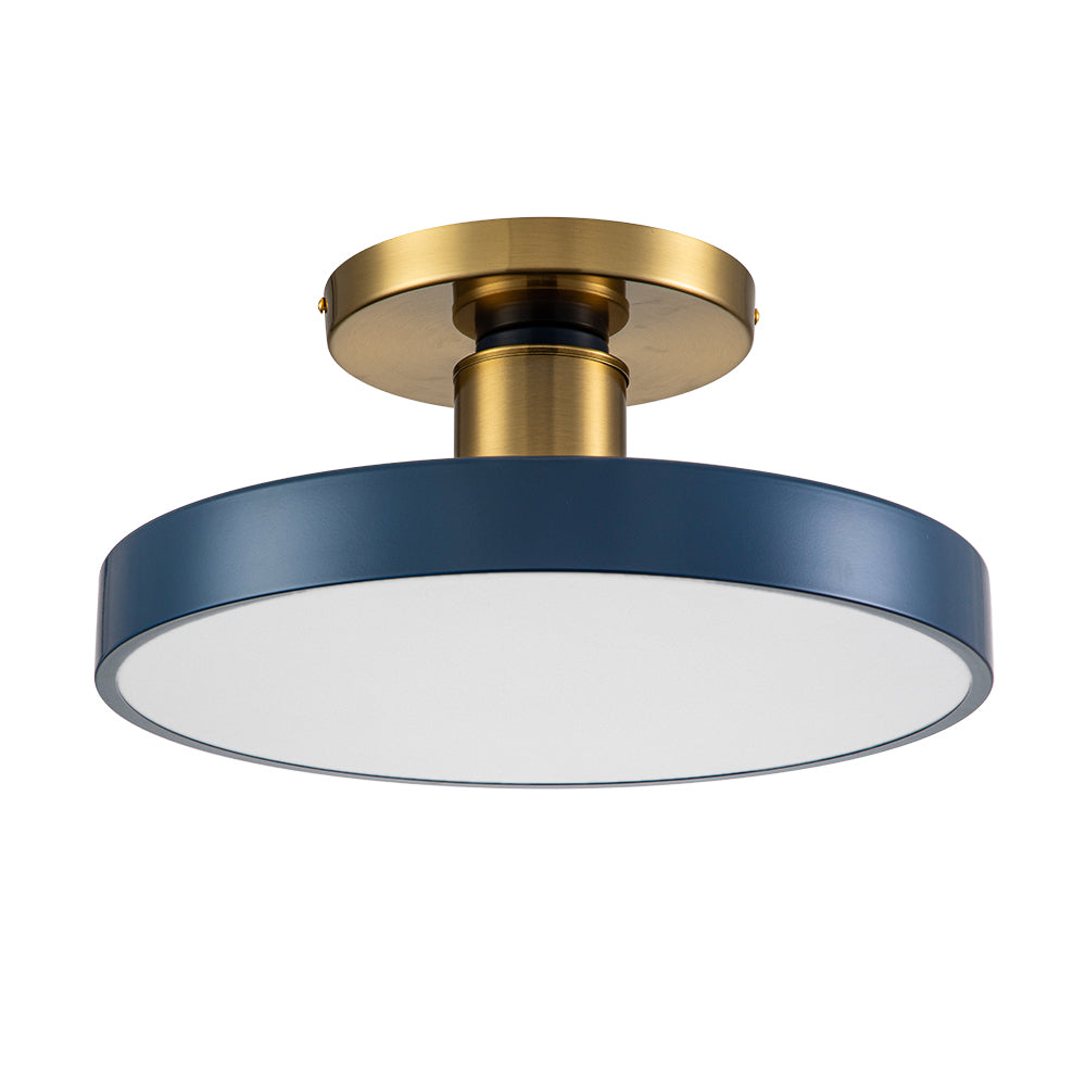 16-Inch Round LED Semi-Flush Ceiling Fixture Navy Blue with Brass Trim Dimmable 5 Color Temperatures for Bedroom Living Room Kitchen Hallway