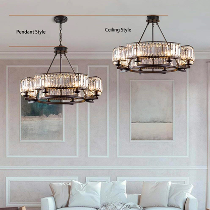 Round Overhead Fixture with Hanging Prisms for Dining Areas, Open-Concept Kitchens & Farmhouse Interiors | Adjustable Height, Wagon Wheel Fr