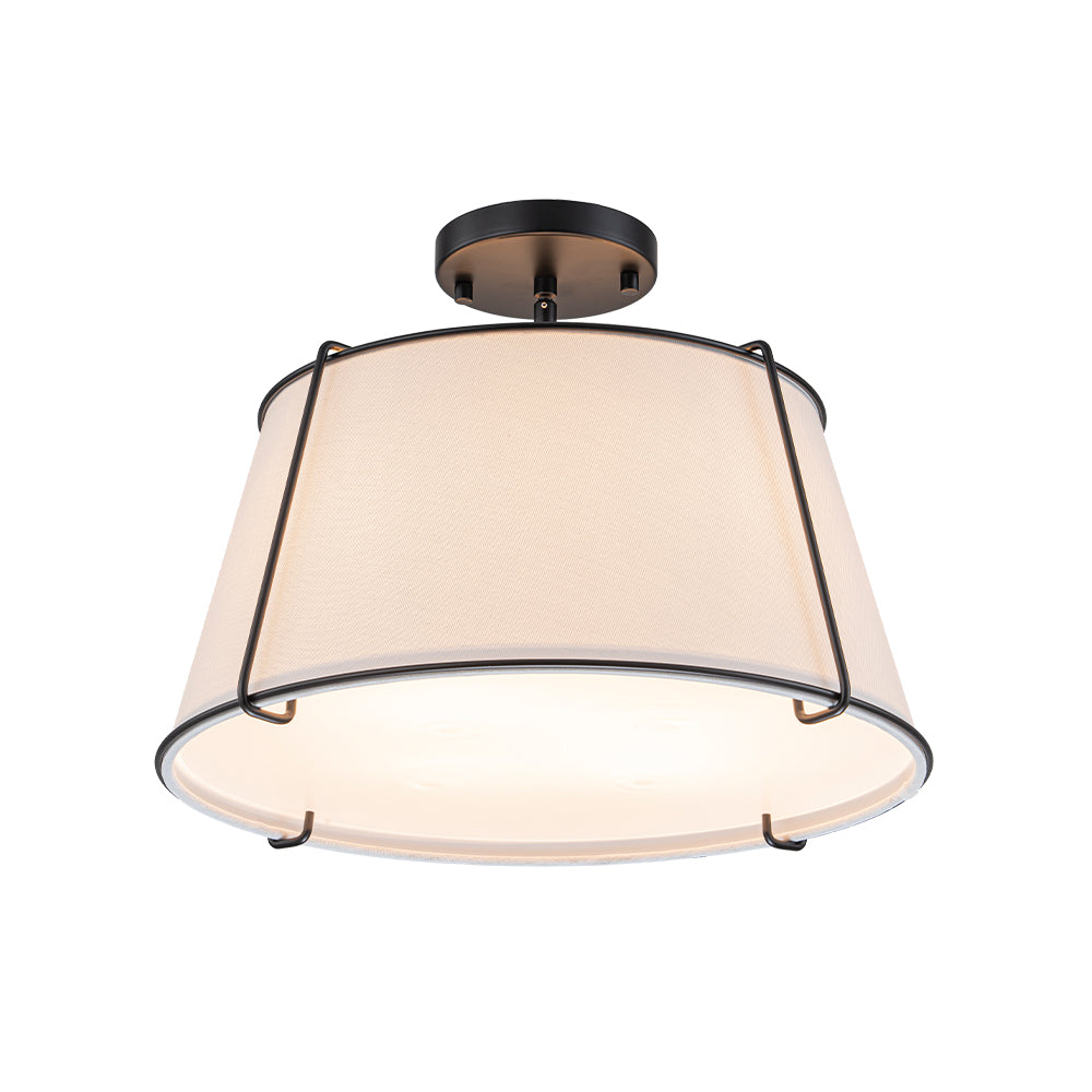 4-Light Linen Drum Semi Flush Ceiling Light with Brass Accents for Living Room, Dining Room, Bedroom | Mid-Century Modern Tapered Shade