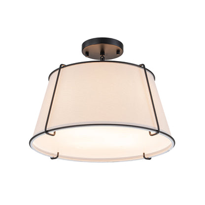 4-Light Linen Drum Semi Flush Ceiling Light with Brass Accents for Living Room, Dining Room, Bedroom | Mid-Century Modern Tapered Shade